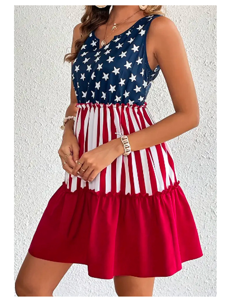 American Flag Sleeveless Mini Dress - Elegant V-neck Ruffled Hem Short Skirt